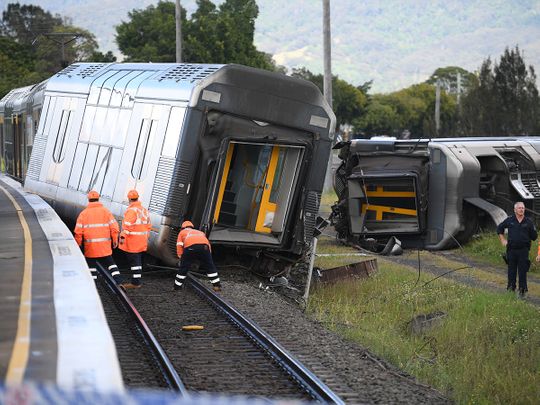 A derailed passenger train