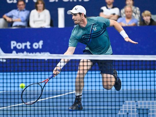 Britain's Andy Murray returns the ball during a match gainst US' Frances Tiafoe in the first round of the European Open Tennis ATP tournament, in Antwerp 