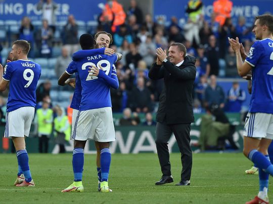Leicester City players celebrate after the win over Manchester United