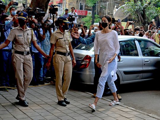 Bollywood actress Ananya Panday arrives at the Narcotics Control Bureau (NCB) office in Mumbai on October 21, 2021. (Photo by Sujit Jaiswal / AFP)