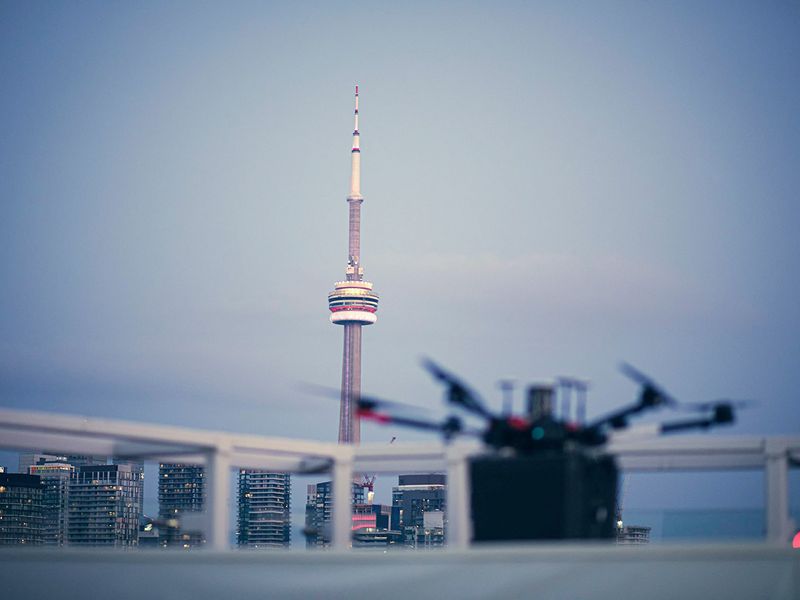 Unither Bioelectronique's drone after performing the world's first drone delivery of a pair of lungs, in Toronto.  