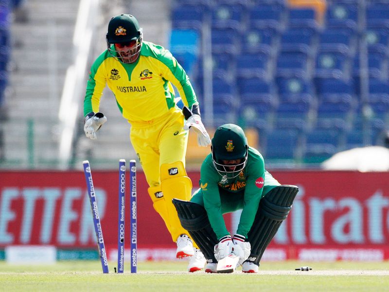 South Africa's Temba Bavuma reacts after being bowled by Australia's Glenn Maxwell 