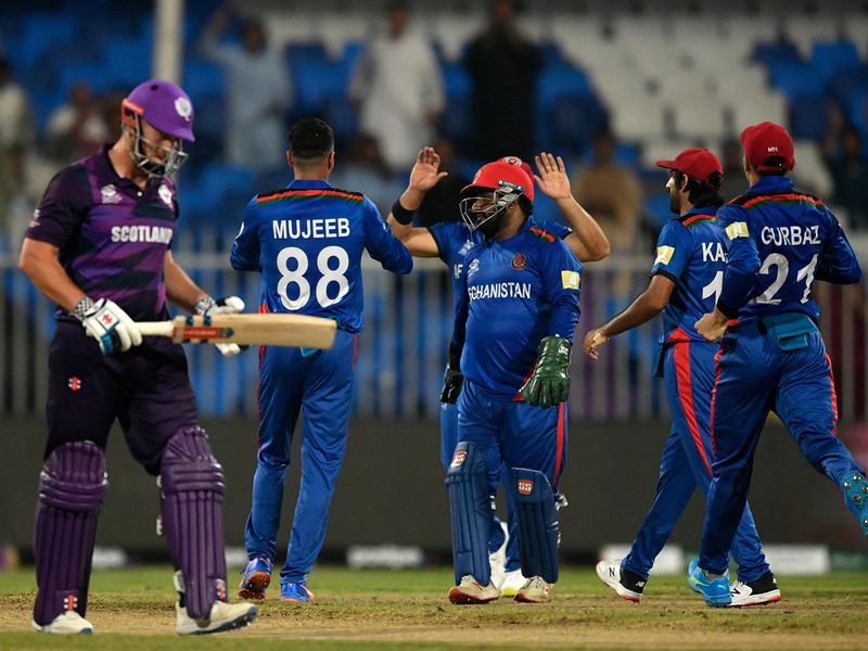 Afghanistan's players celebrate the dismissal of Scotland's George Munsey