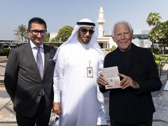 Fashion powerhouse Giorgio Armani is the latest celebrity to receive the UAE golden visa, conferred by Major General Mohamed Ahmed Al Marri, Director General of General Directorate of Residency and Foreigners Affairs