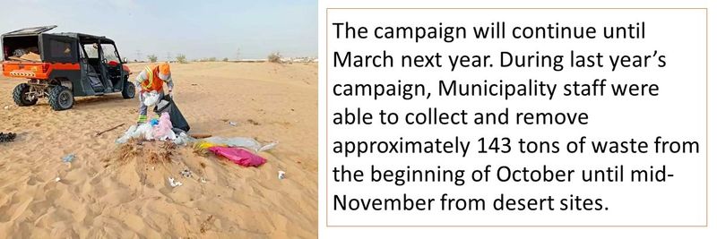 The campaign will continue until March next year. During last year’s campaign, Municipality staff were able to collect and remove approximately 143 tons of waste from the beginning of October until mid-November from desert sites.