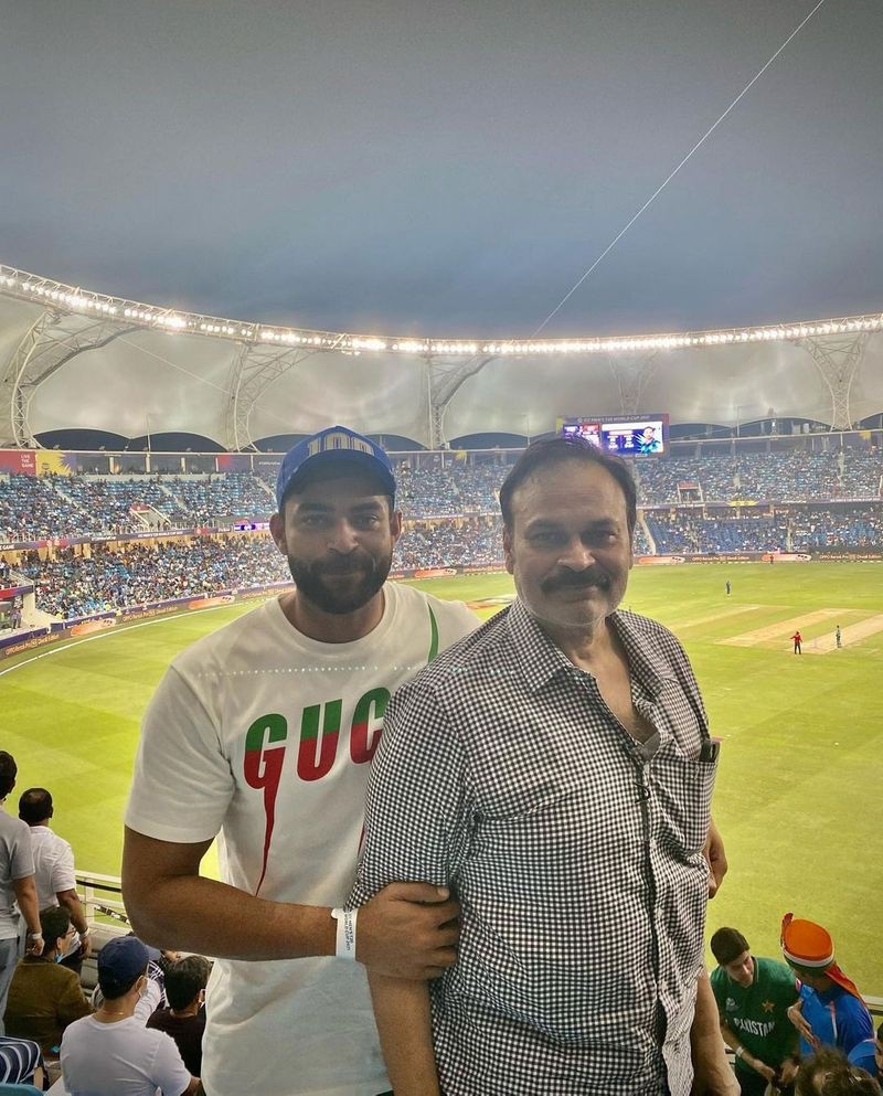 Tollywood actor Varun Tej Konidela was spotted with his dad Naga Babu during the Indian Vs Pakistan T20 match on Sunday at the Dubai International Stadium.