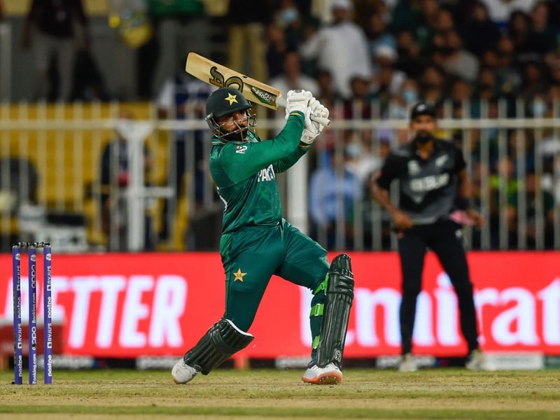 Pakistan's Asif Ali hits a six against New Zealand