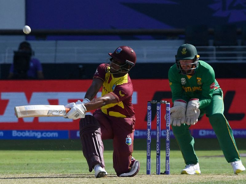 West Indies' Evin Lewis plays a shot during the ICC men’s Twenty20 World Cup cricket match between South Africa and West Indies 
