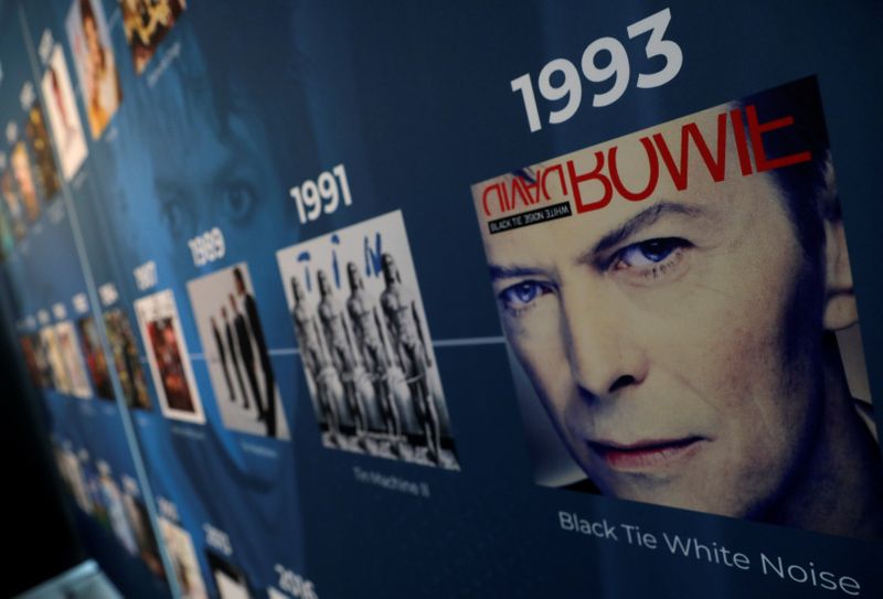 A discography wall of the late rock and roll artist David Bowie's albums is pictured inside 