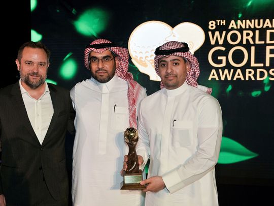 Ed Edwards, Fawaz Al Ayban, Meshari Al Bahli of Golf Saudi collect their World Golf Award