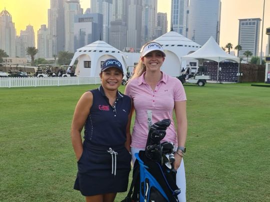 Pia Fleury, DRGS Coordinator, with Dubai-based golfer Alison Muirhead on the range at Emirates Golf Club prior to the Dubai Moonlight Classic