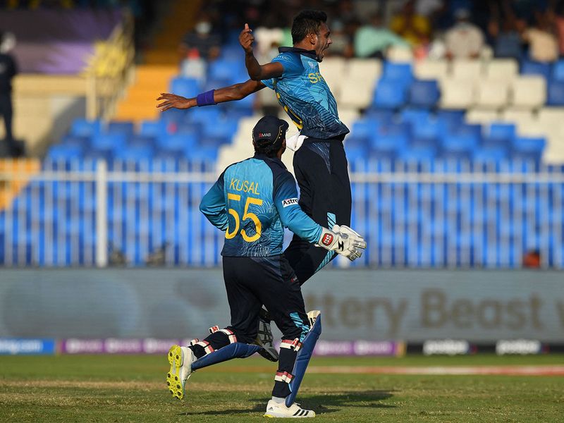 Sri Lanka's Dushmantha Chameera celebrates the wicket of South Africa's Quinton de Kock 