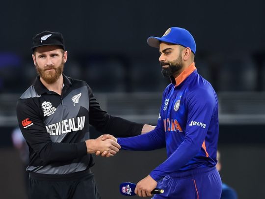 New Zealand's Kane Williamson and India's Virat Kohli before the match in Dubai