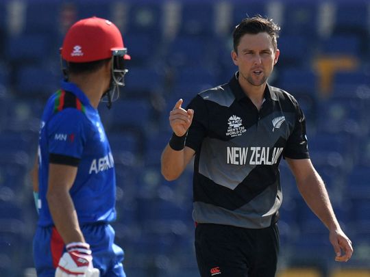 New Zealand's Trent Boult celebrates after taking the wicket of Afghanistan's Hazratullah Zazai 