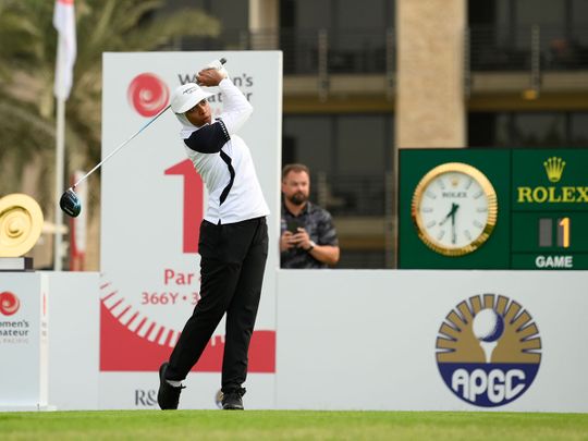 UAE golfer Hamad Al Suwaidi hitting the opening tee shot in round one of the tournament at Abu Dhabi Golf Club 
