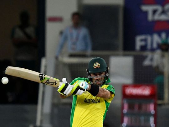 Australia's Glenn Maxwell plays a shot during the ICC men’s Twenty20 World Cup final match between Australia and New Zealand at the Dubai International Cricket Stadium in Dubai 