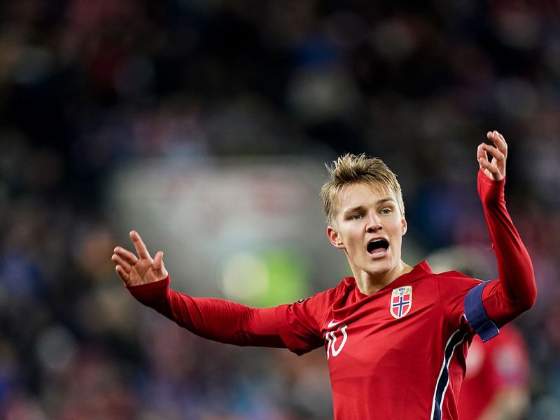 Norway's Martin Odegaard reacts, during the World Cup 2022 qualifying soccer match between Norway and Latvia at Ullevaal Stadium, in Oslo.