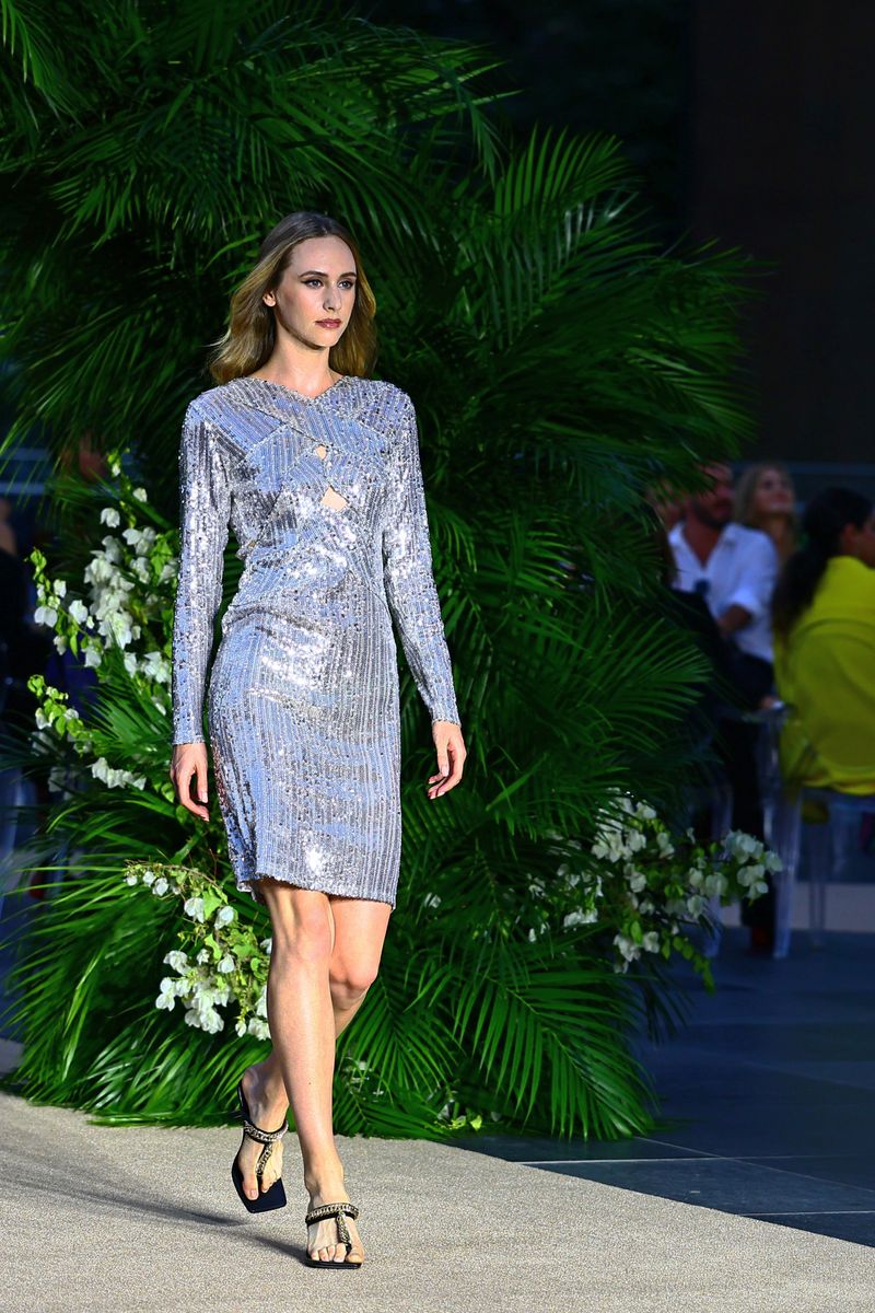 The designer duo created silver dresses with sequins and stones.