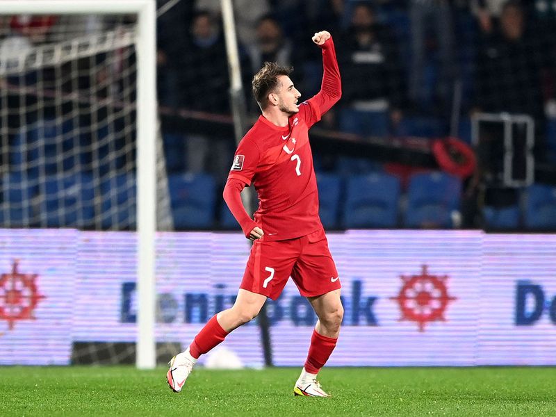 Turkey's midfielder Kerem Akturkoglu celebrates after scoring a goal against Gibraltaar