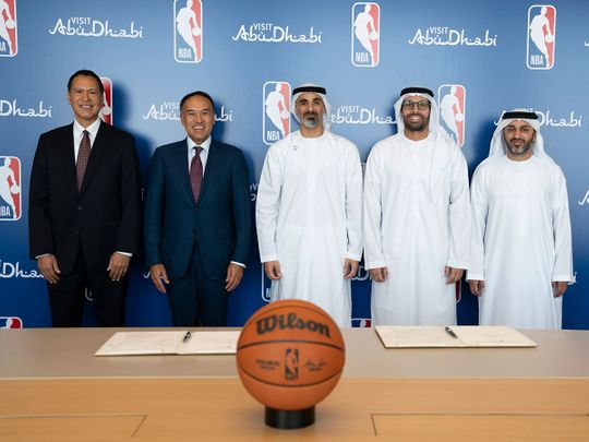Ralph Rivera, Managing Director, NBA Europe and Middle East , Mark Tatum, NBA Deputy Commissioner and Chief Operating Officer, Sheikh Khalid bin Mohamed bin Zayed Al Nahyan, Member of the Abu Dhabi Executive Council and Chairman of Abu Dhabi Executive Office, Mohamed Khalifa Al Mubarak, Chairman, Department of Culture and Tourism - Abu Dhabi, Saood Abdulaziz Al Hosani, Undersecretary, DCT Abu Dhabi at the signing