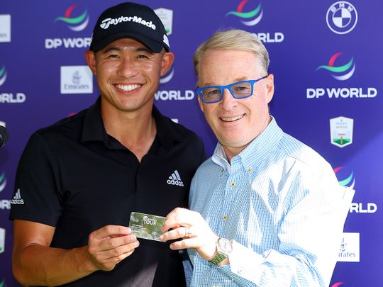 Collin Morikawa receives Honorary Life Membership of the European Tour from CEO Keith Pelley 