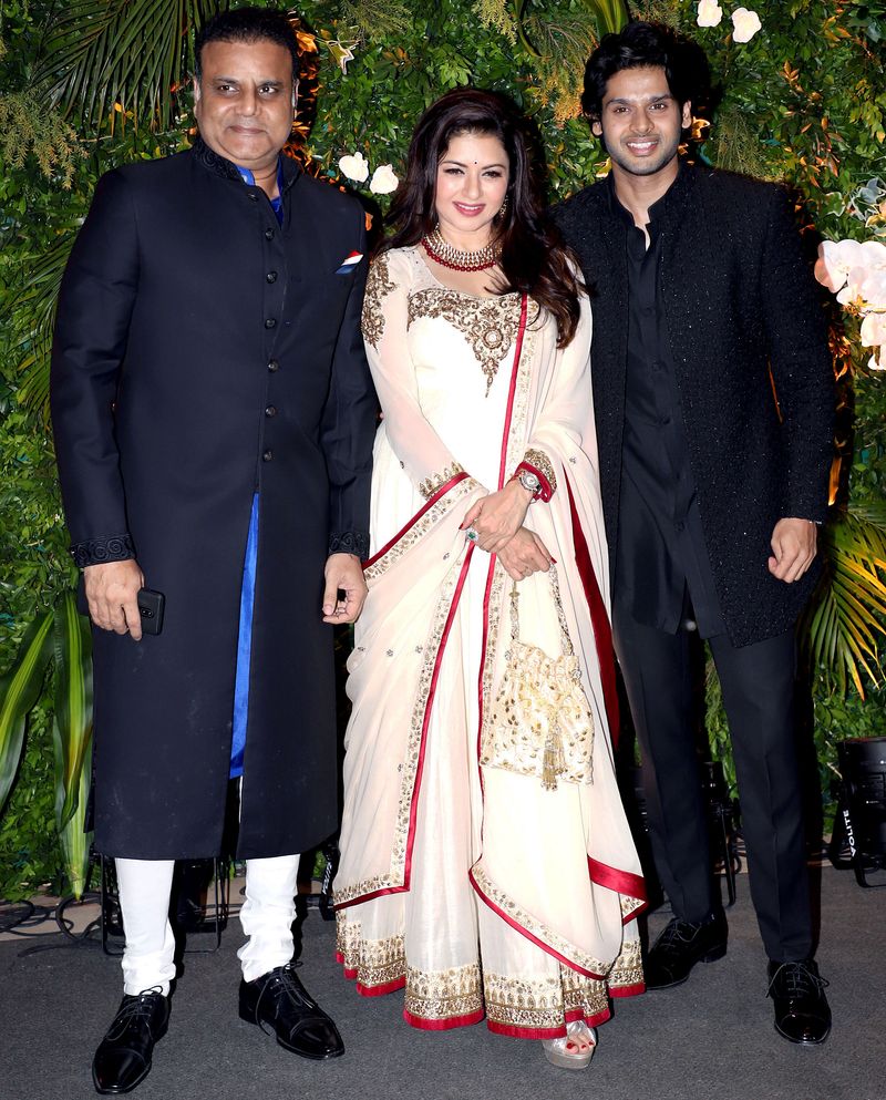 Bollywood actress Bhagyashree with her family members poses for a picture at actor Aditya Seal and actress Anushka Ranjan's Sangeet ceremony, at Juhu, in Mumbai on Saturday