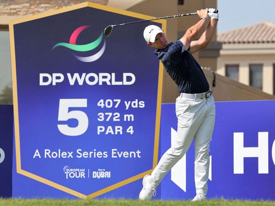 Rory McIlroy in action during the Dubai DP World Tour Championship at Jumeirah Golf Estates in Dubai 