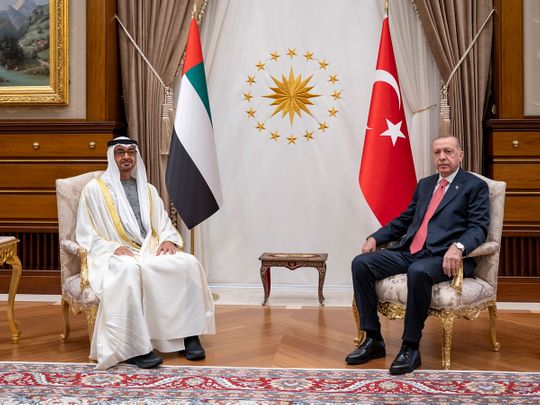 Sheikh Mohamed Bin Zayed Al Nahyan (left) and President of the Republic of Turkey, Recep Tayyip Erdogan, in Ankara