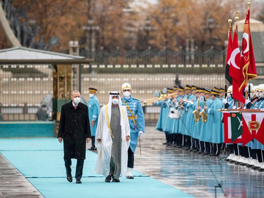 Sheikh Mohamed Bin Zayed Al Nahyan (right) and President of the Republic of Turkey, Recep Tayyip Erdogan, in Ankara on Wednesday