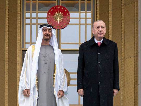 Sheikh Mohamed bin Zayed being received by Turkish President Recep Tayyip Erdogan on his arrival in Ankara.