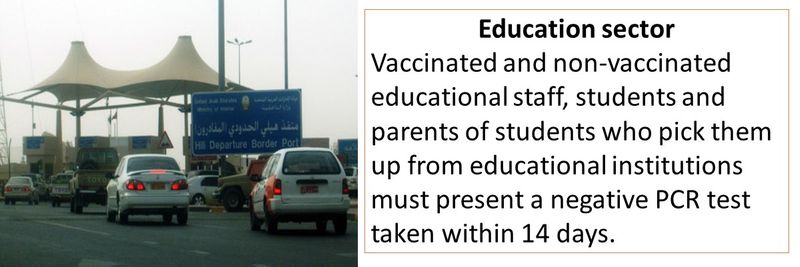 Education sector Vaccinated and non-vaccinated educational staff, students and parents of students who pick them up from educational institutions must present a negative PCR test taken within 14 days.