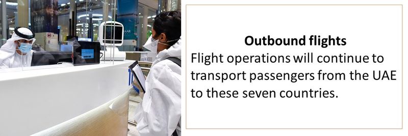 Outbound flights Flight operations will continue to transport passengers from the UAE to these seven countries.