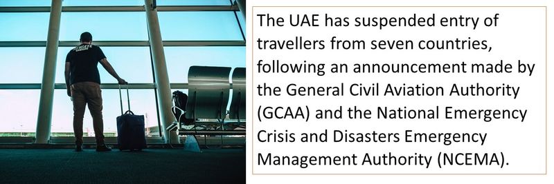 The UAE has suspended entry of travellers from seven countries, following an announcement made by the General Civil Aviation Authority (GCAA) and the National Emergency Crisis and Disasters Emergency Management Authority (NCEMA).