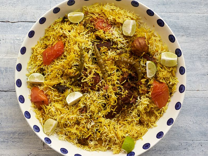 A traditional Emirati slow-cooked rice and preserved fish dish called Malleh fogah 