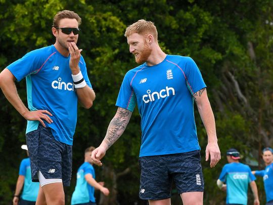 England's Ben Stokes, right, and Stuart Broad during a practice session in Brisbane,