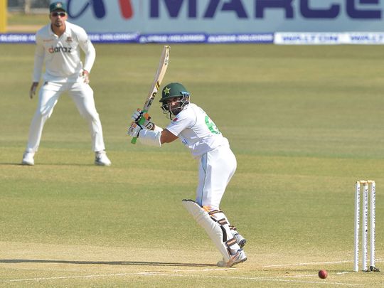 Pakistan's Abid Ali plays a shot during the fifth day of the first Test against Bangladesh 