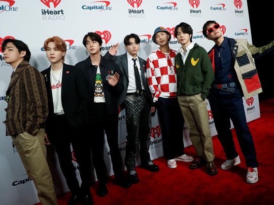 BTS poses at the carpet during arrivals ahead of iHeartRadio Jingle Ball concert at The Forum, in Inglewood, California, US, December 3, 2021.
