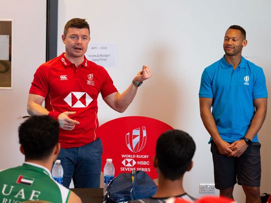 British & Irish Lions rugby legend Brian O’Driscoll speaks at the HSBC World of Opportunity workshop at the 2021 Dubai Sevens