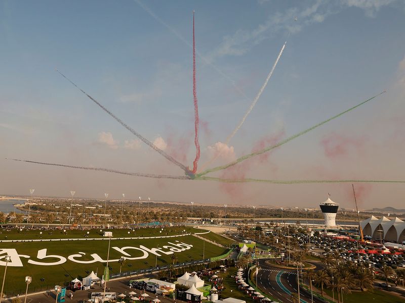 UAE aerobatic display team Fursan Al Emarat perform at Abu Dhabi Grand Prix