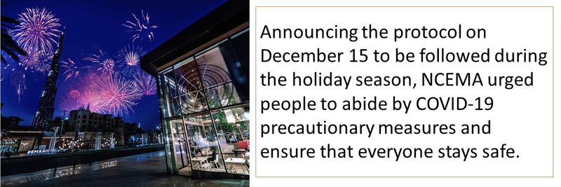 Announcing the protocol on December 15 to be followed during the holiday season, NCEMA urged people to abide by COVID-19 precautionary measures and ensure that everyone stays safe. 