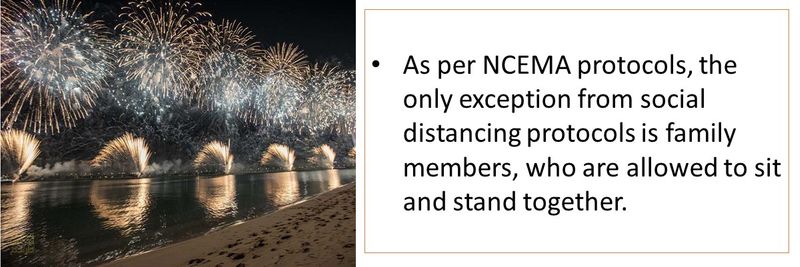 As per NCEMA protocols, the only exception from social distancing protocols is family members, who are allowed to sit and stand together.