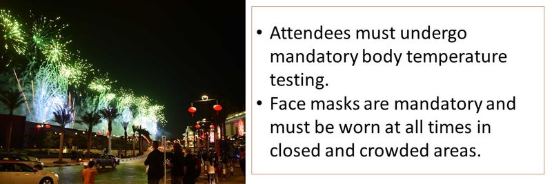 Attendees must undergo mandatory body temperature testing. Face masks are mandatory and must be worn at all times in closed and crowded areas.