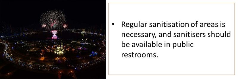 Regular sanitisation of areas is necessary, and sanitisers should be available in public restrooms.