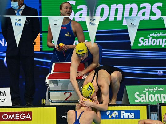 Sweden equalled the world record in the women’s 4x50m medley relay at the Fina World Swimming Championships in Abu Dhabi