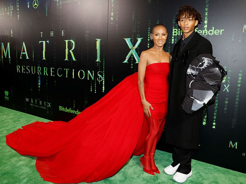 Actors Jaden Smith and Jada Pinkett Smith pose on the red carpet at the premiere of The Matrix Resurrections in San Francisco, California, U.S., December 18, 2021. 