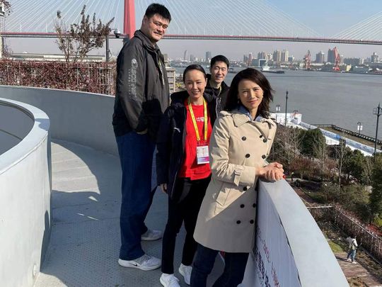 Chinese tennis player Peng Shuai, former NBA basketball player Yao Ming, sailboat racer Xu Lijia and retired Chinese table tennis player Wang Liqin are seen at an event in Shanghai, China 
