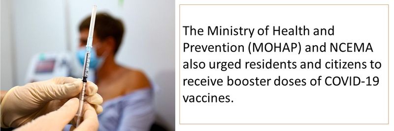 The Ministry of Health and Prevention (MOHAP) and NCEMA also urged residents and citizens to receive booster doses of COVID-19 vaccines.