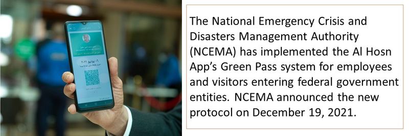 The National Emergency Crisis and Disasters Management Authority (NCEMA) has implemented the Al Hosn App’s Green Pass system for employees and visitors entering federal government entities. NCEMA announced the new protocol on December 19, 2021. 