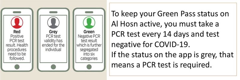 To keep your Green Pass status on Al Hosn active, you must take a PCR test every 14 days and test negative for COVID-19.  If the status on the app is grey, that means a PCR test is required. 