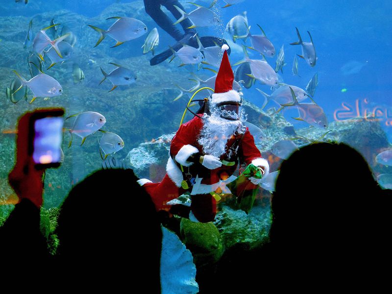 A diver dressed as Santa Claus greets visitors at the Dubai mall aquarium, in the United Arab Emirates, on December 21, 2021.